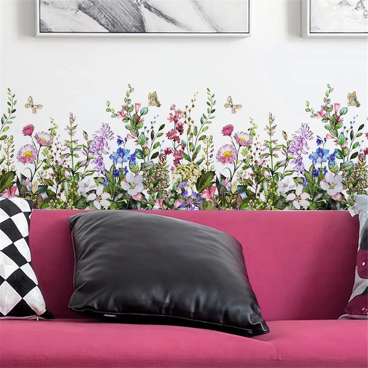 Colorful Flower Butterfly Greenery Wall Sticker,sacinora Floral Art Green Plants Wall Decal Removable Vinyl Peel and Stick for Living Room Bedroom Children's Room Kitchen Sofa TV Background Decoration