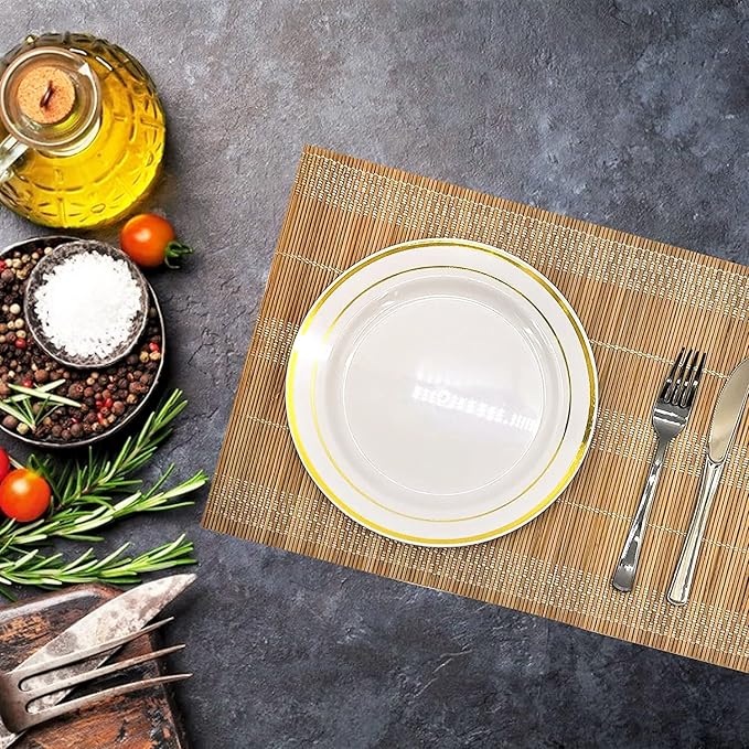 ANDSTAR Bamboo Placemats Set of 8, 17.7x11.8 Inch Brown with White Thread - Non-Slip & Heat Resistant, Easy Clean Woven Table Mats for Dining Room, Kitchen or Home Decor