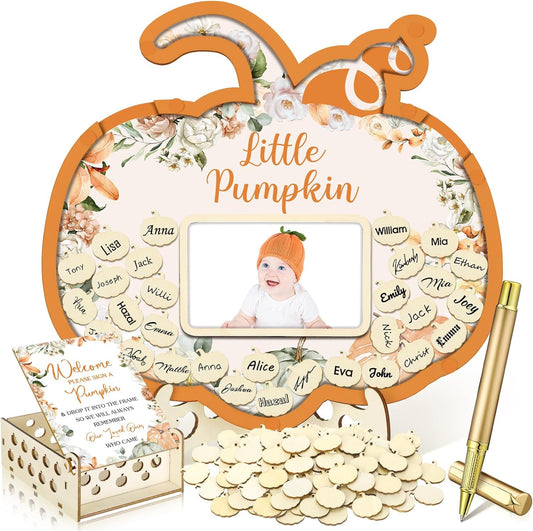Wenqik 63 Pcs Little Pumpkin Baby Shower Guest Book Alternatives Set Baby Shower Decorations with Photo Frame Sonogram Frame Keepsake 60 Wood Slices Guest Book for Birthday