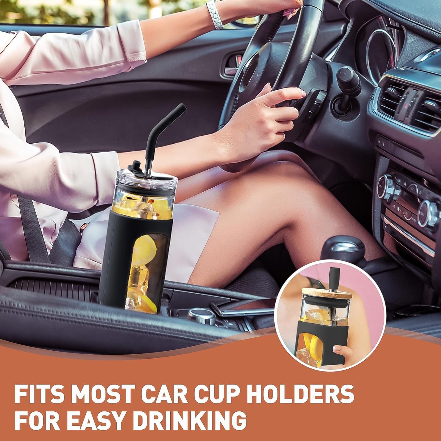 Kodrine 24oz Glass Tumbler with 2 Lids and Straws, Glass Cup With Bamboo Lid and On-the-go Lid, Reusable Iced Coffee Cup, Ideal for Smoothie, Cold Drinks, Fit Cup Holder, BPA Free (1, Black)