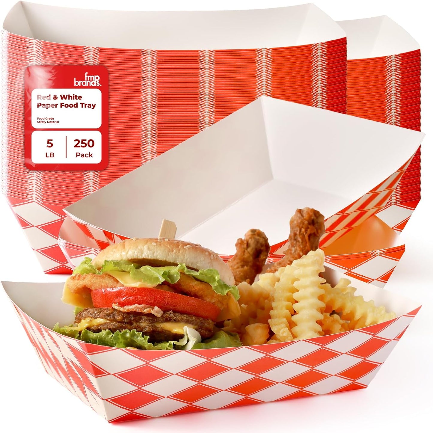 Fit Meal Prep [250 Pack 5 lb Paper Food Trays Heavy Duty Food Paperboard Boat Disposable Red Check Grease Resistant Fast for Parties Fairs Picnics Carnivals, Holds Tacos Nachos Fries