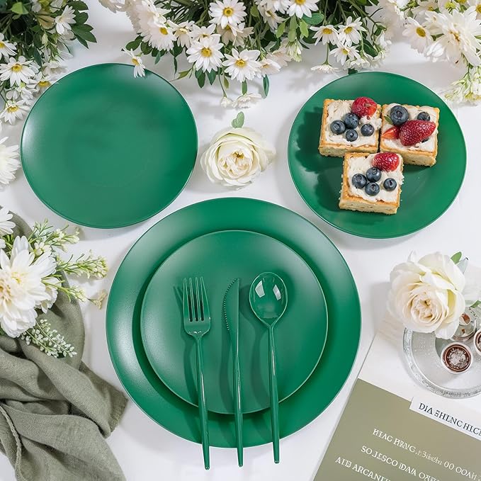 EI 150pcs Green Plastic Plates,Green Disposable Plates Heavy Duty,Fancy Plastic Dinnerware Set,Dinner Plate for Party,Picnic,Birthday,Wedding Afternoon Tea Spring,St. Patrick's Day