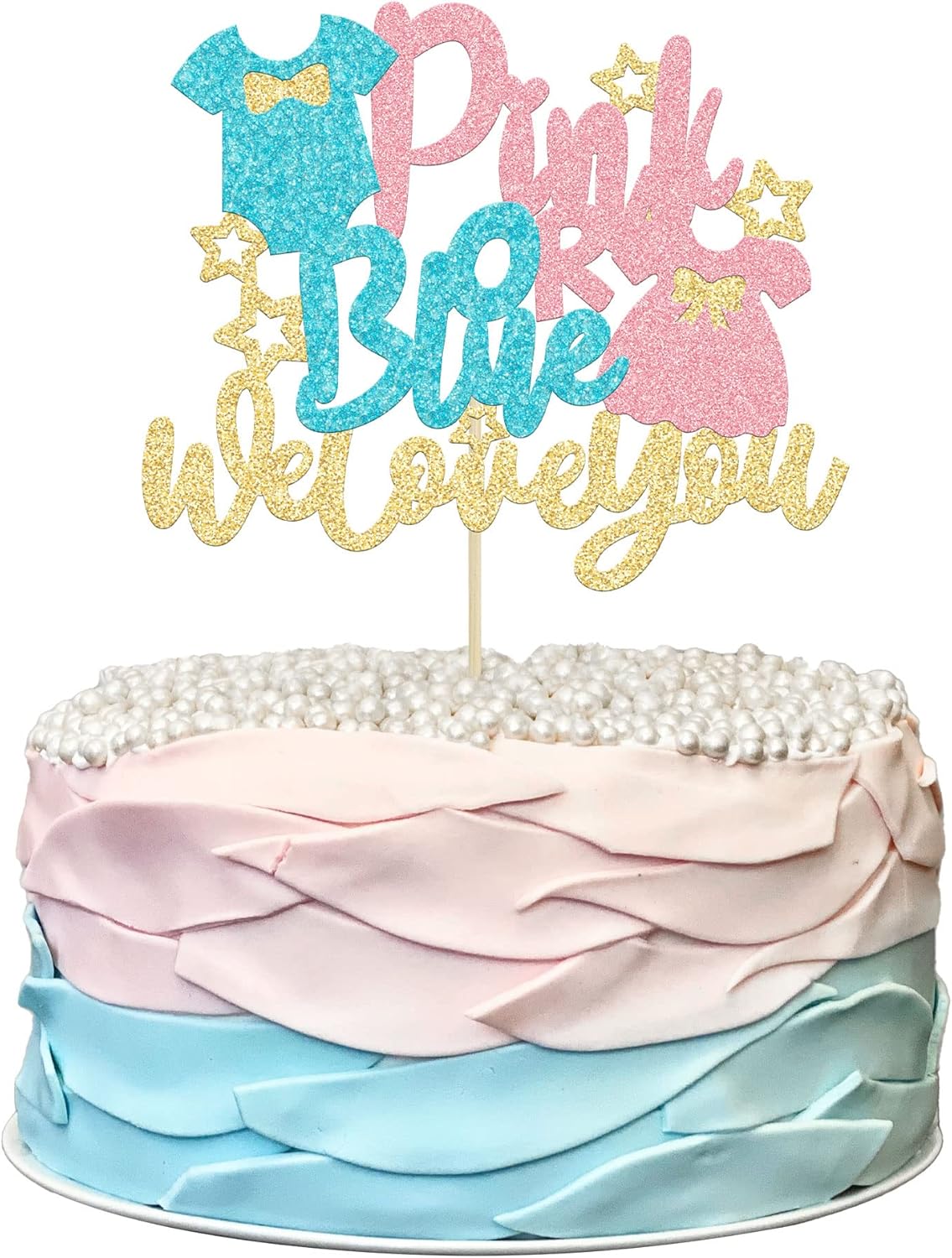 1Pc Pink or Blue Cake Topper with Glitter Onesie Dress We Love You Cake Pick Gender Reveal Cake Decorations for Baby Shower Gender Reveal Theme Kids Boys Girls Birthday Party Decoration Supplies