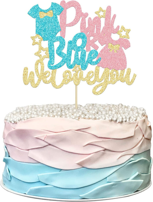 1Pc Pink or Blue Cake Topper with Glitter Onesie Dress We Love You Cake Pick Gender Reveal Cake Decorations for Baby Shower Gender Reveal Theme Kids Boys Girls Birthday Party Decoration Supplies