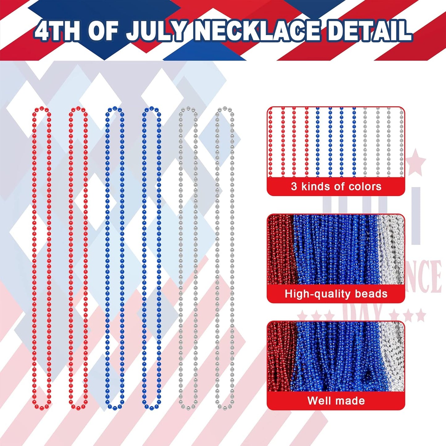 4th of July Accessories, 144PCS Independence Day Bead Necklaces, Metallic Patriotic Red Blue White Necklace, 4th of July Necklace for Memorial Day Patriotic Parades Party Favors Supplies