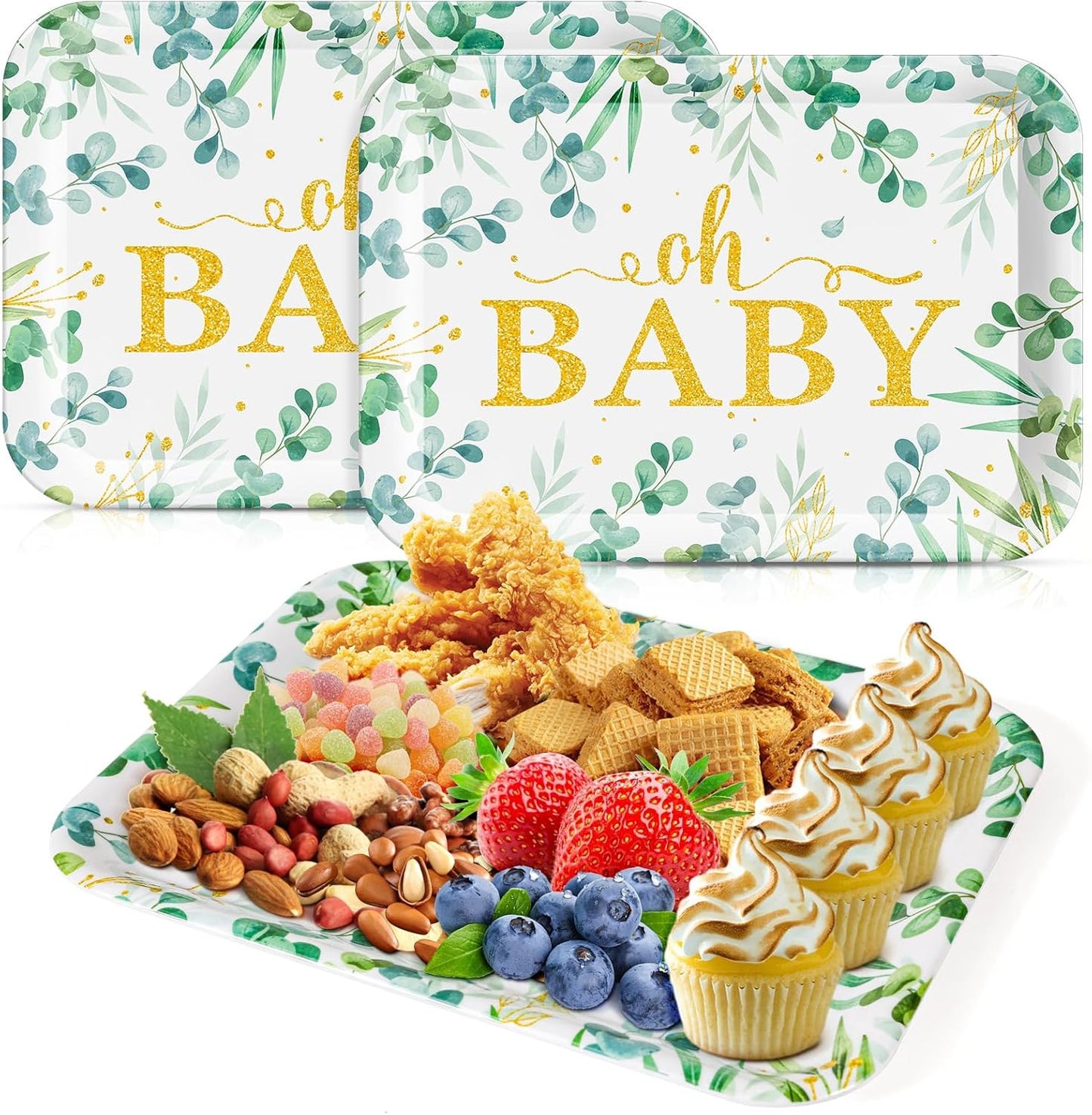 Greenery Baby Shower Serving Tray - 3 PCS Melamine Platters Sage Green Baby Shower Party Supplies 13" Eucalyptus Leaves Oh Baby for Gender Reveal Decorations Birthday Neutral Party Favors