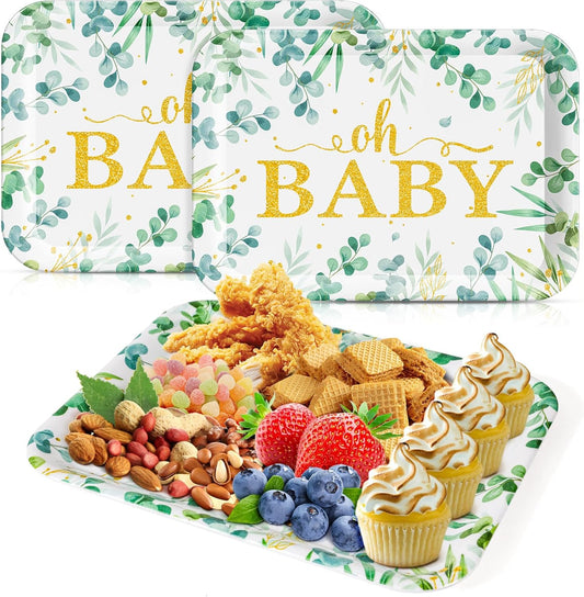 Greenery Baby Shower Serving Tray - 3 PCS Melamine Platters Sage Green Baby Shower Party Supplies 13" Eucalyptus Leaves Oh Baby for Gender Reveal Decorations Birthday Neutral Party Favors