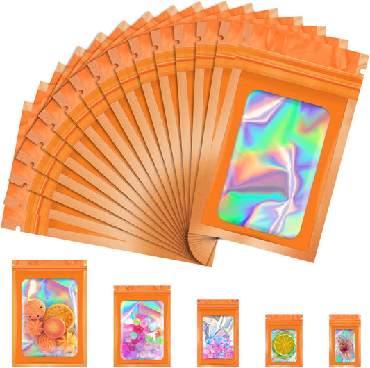 100 Pcs Mylar Bags, Smell Proof Bags Foil Pouch, Holographic Resealable Bags for Small Business, Candy Sample Jewelry Bag Sealable Packaging for Party Favor Food Storage (3x5in-Orange)