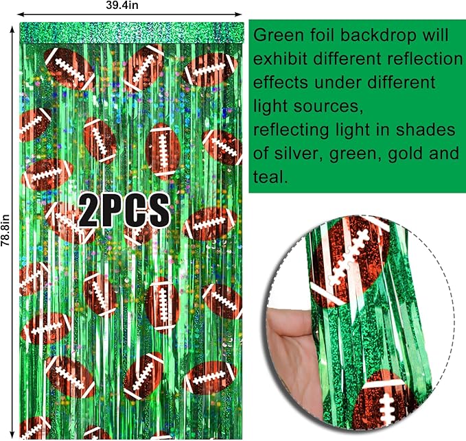 2 Packs Football Foil Fringe Curtain, Green Glitter Metallic Tinsel Backdrop for Birthday, Baby Shower, Super Bowl, Football Party Decorations Supplies