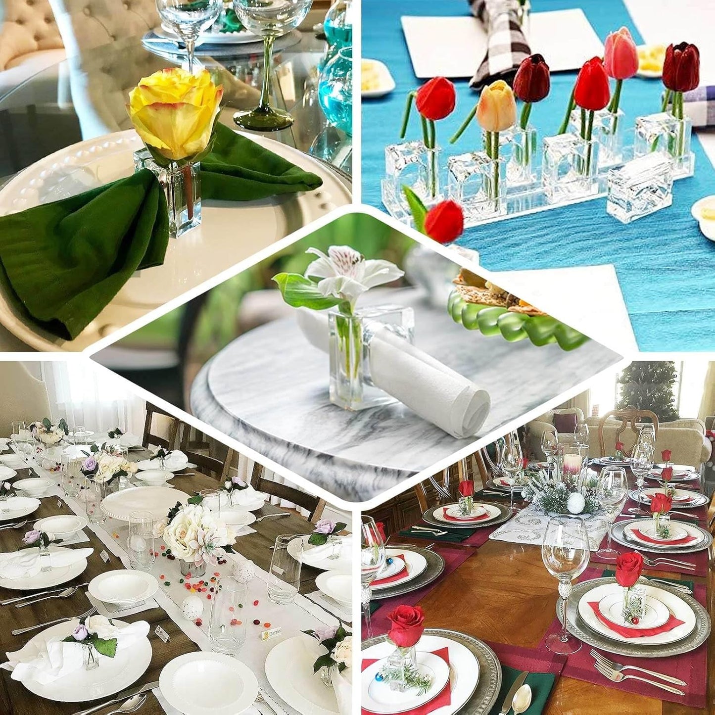 Efavormart 4 Pack | Clear Acrylic Square Mini Bud Vase Napkin Rings, 2-in-1 Flower Napkin Holders