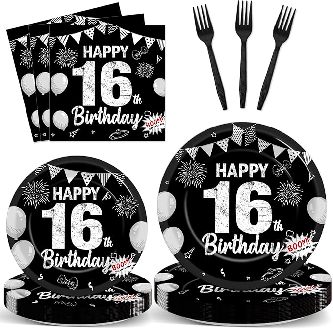 96PCS 16th Birthday Party Paper Plates and Napkins Black Silver 16th Birthday Supplies for Boys and Girls Disposable Dessert Plates Happy 16 Year Old Party Kids Birthday Gatherings Decorations