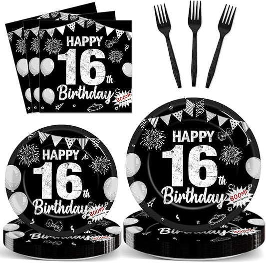 96PCS 16th Birthday Party Paper Plates and Napkins Black Silver 16th Birthday Supplies for Boys and Girls Disposable Dessert Plates Happy 16 Year Old Party Kids Birthday Gatherings Decorations