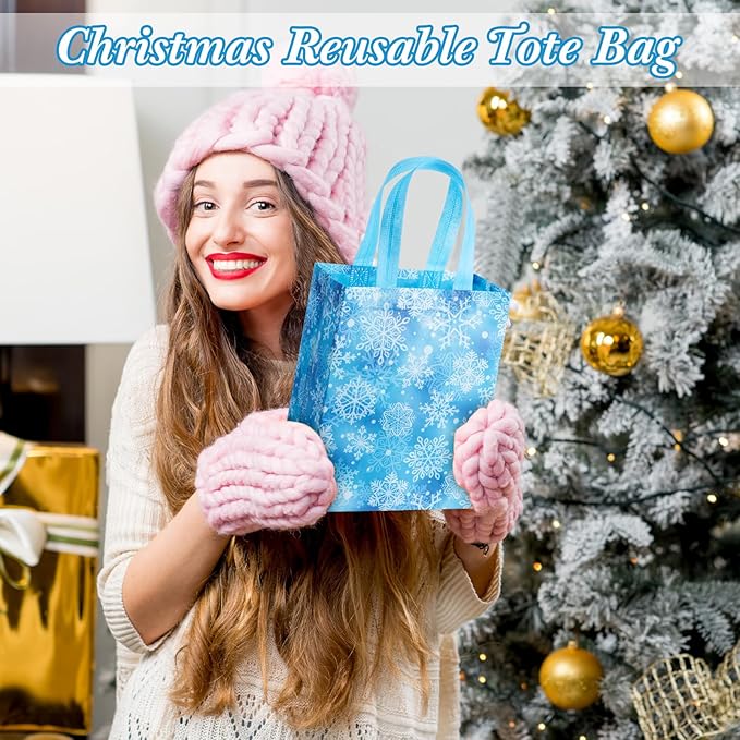 Wovnet 30 Pcs Christmas Bags Bulk Blue and White Snowflake Winter Merchandise Gift Bags with Handles Reusable Non Woven Tote Shopping Goodie Pouch for Xmas Party Favors Supplies 10 x 8 x 4in