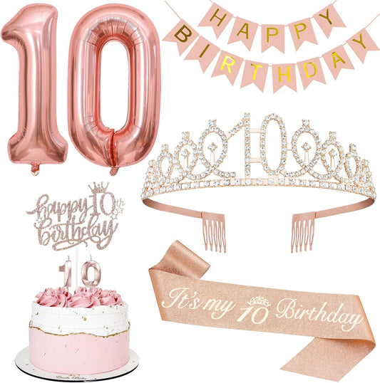 10th Birthday Decorations for Girls, Including 10th Tiara and Sash, Happy Birthday Banner, Cake Toppers, Number Candles and Balloons Set, Rose Gold