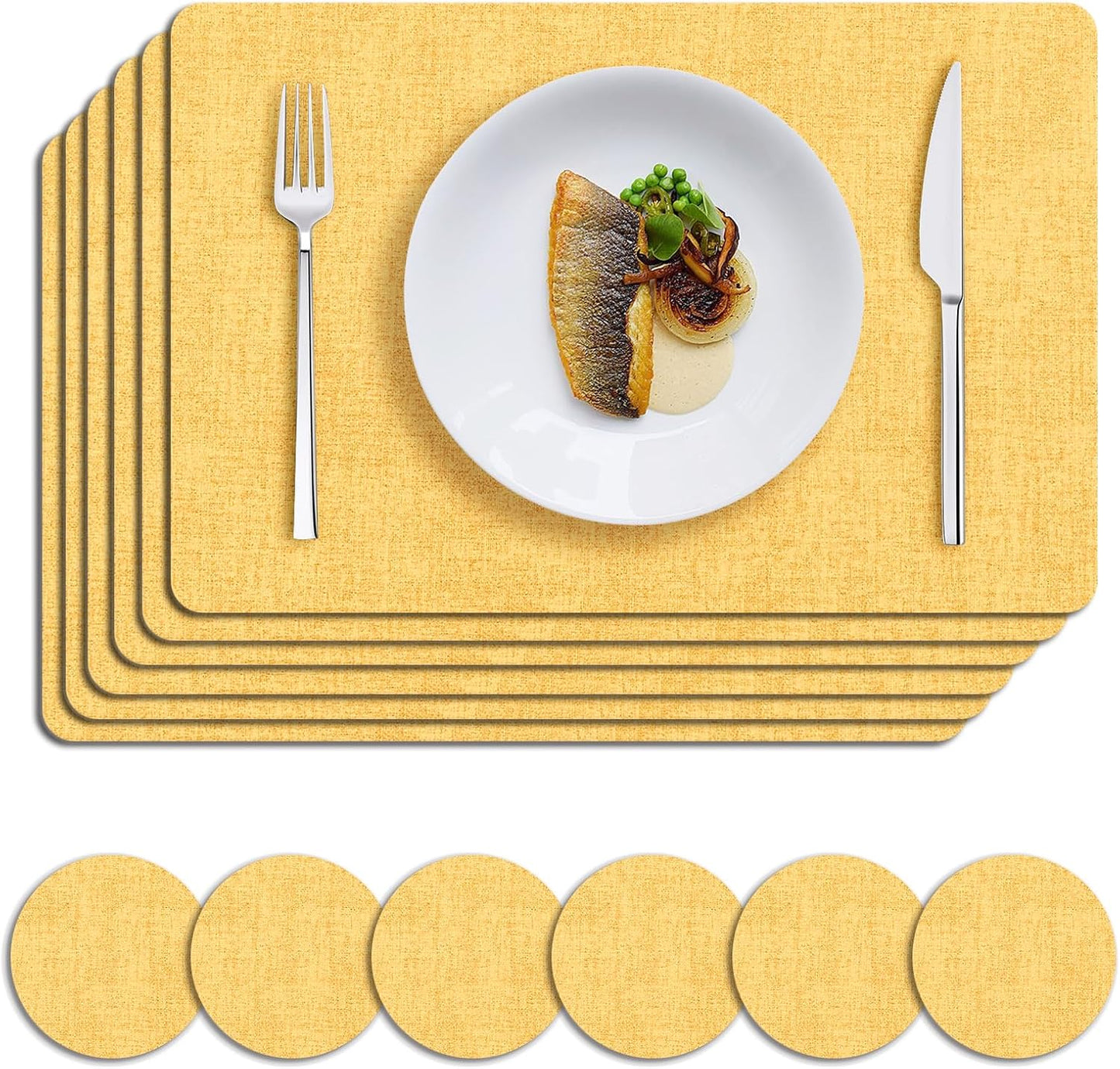 MOSAYT Faux Leather Placemats Set of 6, Heat Resistant Wipeable Washable Vinyl Place Mats with Coasters, Waterproof Oil Proof Table Mats for Kitchen Dining Party Indoor Outdoor, 12" x 18", Yellow