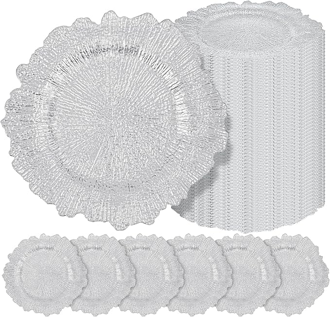 50 Pcs Silver Charger Plates Bulk 13 Inch Plastic Charger Plates for Dinner Plate, Silver Chargers for Table Setting, Reef Design Plate Floral Decorative Round Chargers for Wedding Party, Event