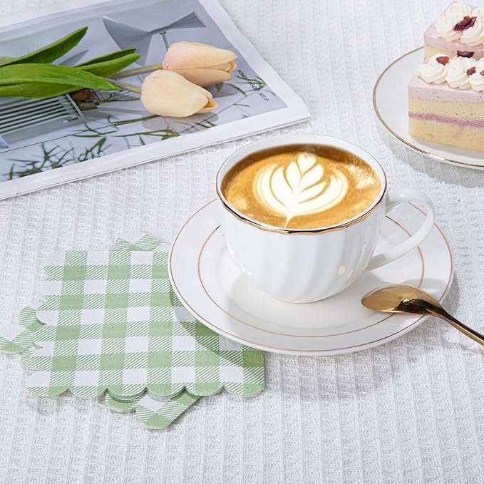 100 Pcs Sage Green Napkins Scalloped Plaid Cocktail Napkins Folded 5 x 5 Inches Disposable Napkins for Wedding Birthday Party