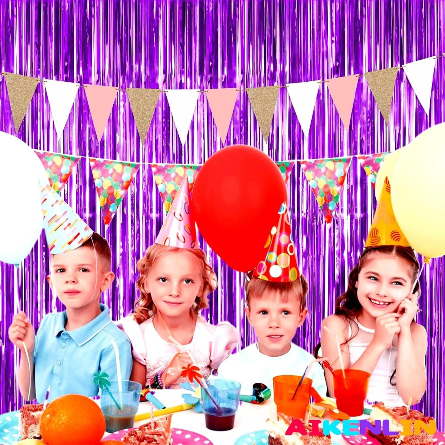4 Pack 3.3Ft x 6.6Ft Purple Foil Fringe Curtain Backdrop, Metallic Tinsel Foil Fringe Streamers Curtains Background for Photo Booth, Birthday, Wedding, Halloween, Christmas Party Decoration