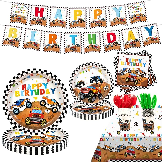 182pcs Monster Truck Party Supplies,Kids Birthday Plates and Napkins Set for Boys Birthday Party Decorations,Serves 30 Guests