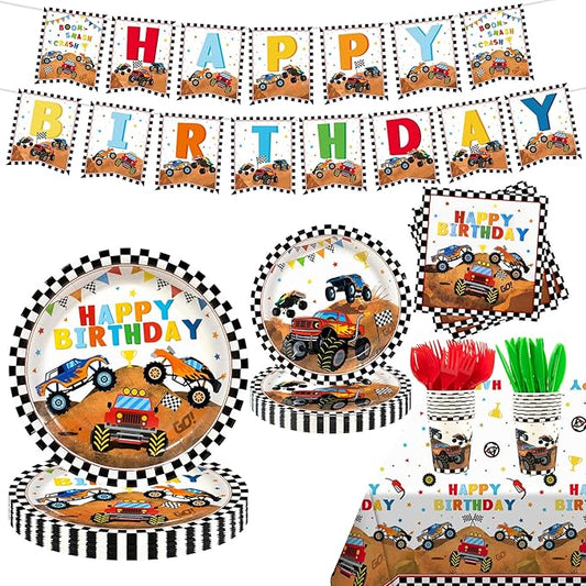 182pcs Monster Truck Party Supplies,Kids Birthday Plates and Napkins Set for Boys Birthday Party Decorations,Serves 30 Guests