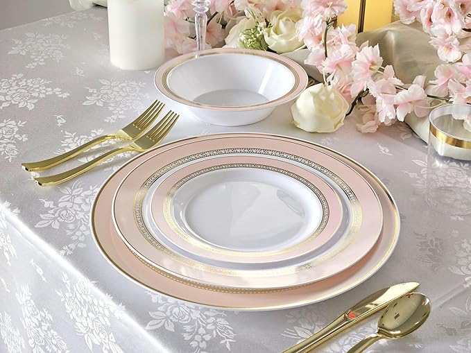 " OCCASIONS " 240 Plates Pack,(120 Guests) Heavyweight Premium Disposable Plastic Plates Set -120 x 10.5'' Dinner + 120 x 7.5'' Salad/Dessert (Ritz Blush and Gold)
