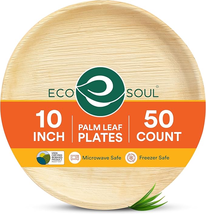 ECO SOUL 10 Inch Disposable Palm Leaf Plates [50 Pack] Premium Food-Safe Heavy Duty Compostable Bamboo Paper Plates for Lunch, Dinner, Birthday, Weddings, Party, Camping & Catering Events [Round]