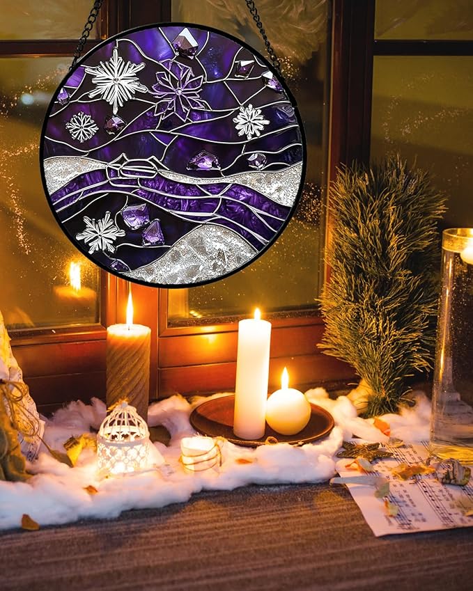 Stained Glass Window Hanging - Silver Purple Snowflakes Suncatcher for Doors Home Christmas Decoration Sun Catcher Thanksgiving New Year Birthday Gifts for Friend Women Men Mom Nana 9.8 in