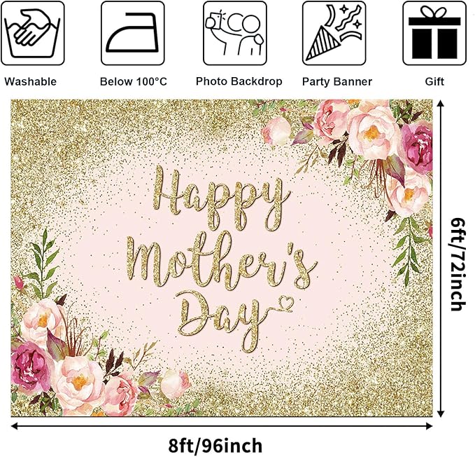 Avezano Glitter Gold Happy Mother's Day Backdrop for Thanks Mother Party Photoshoot Photography Background Blush Pink Golden Glitters Dots Floral Mom's Day Party Decorations Backdrops (8x6ft)