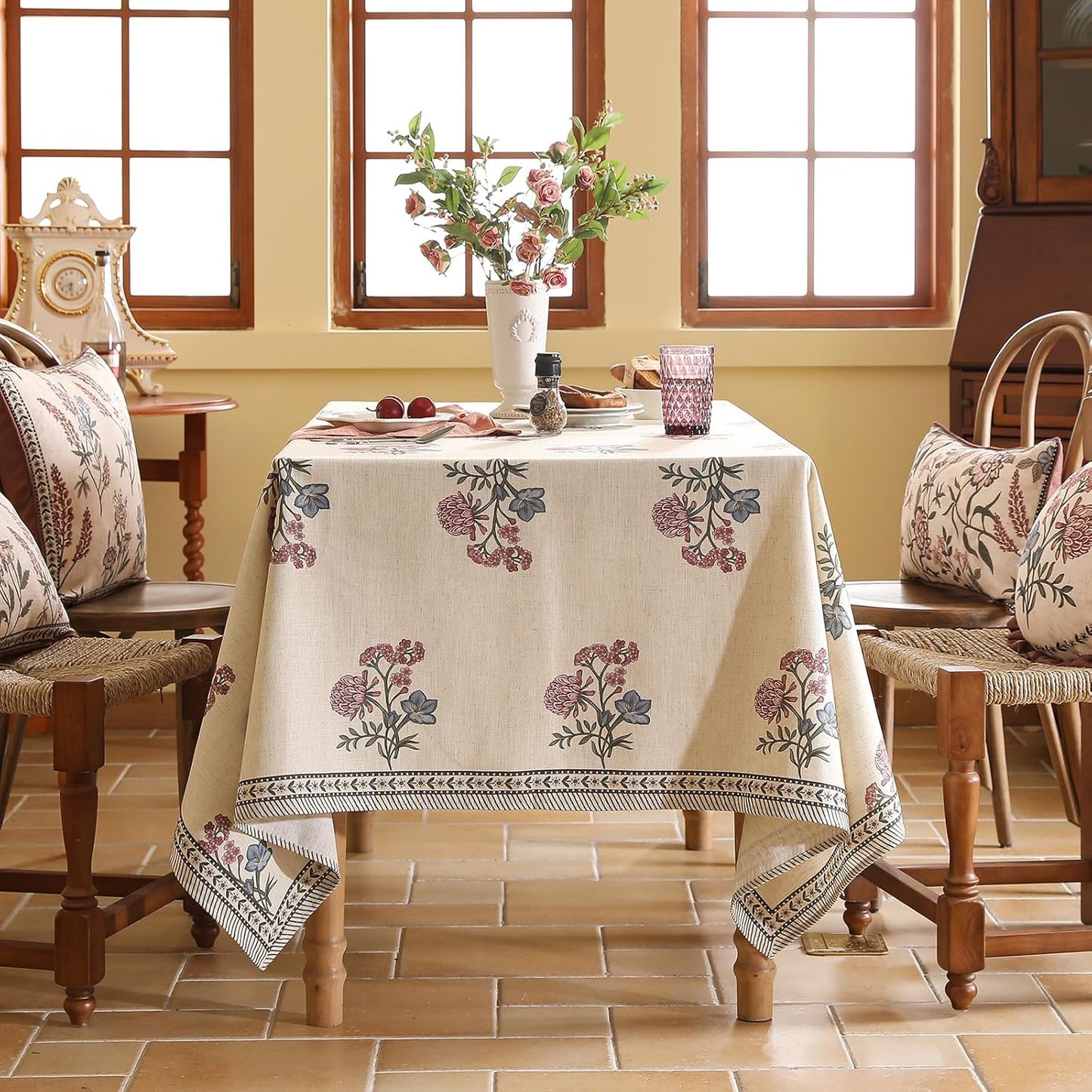 ISAENNE Designer Linen Light Beige Table Cloth for Rectangle Table,French Colorful Floral Table Cloth,Stain Resistant Decor Tablecloths for Dining Thanksgiving Kitchen,55"*87"-Helena E