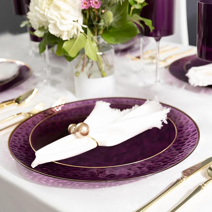 [Purple Hammered With Gold Rim 8 Pack] 13'' Charger Plates Purple Hammered With Gold Rim Plastic Heavy Duty Dinner Chargers Serveware Dishes Tableware for parties, Weddings & More