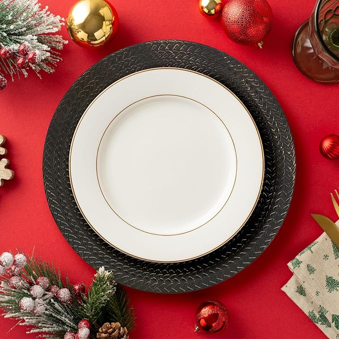 13" Antique Black Leaf Trim Round Charger Plates for Dinner, Table Chargers Plates Bulk, 6Pcs