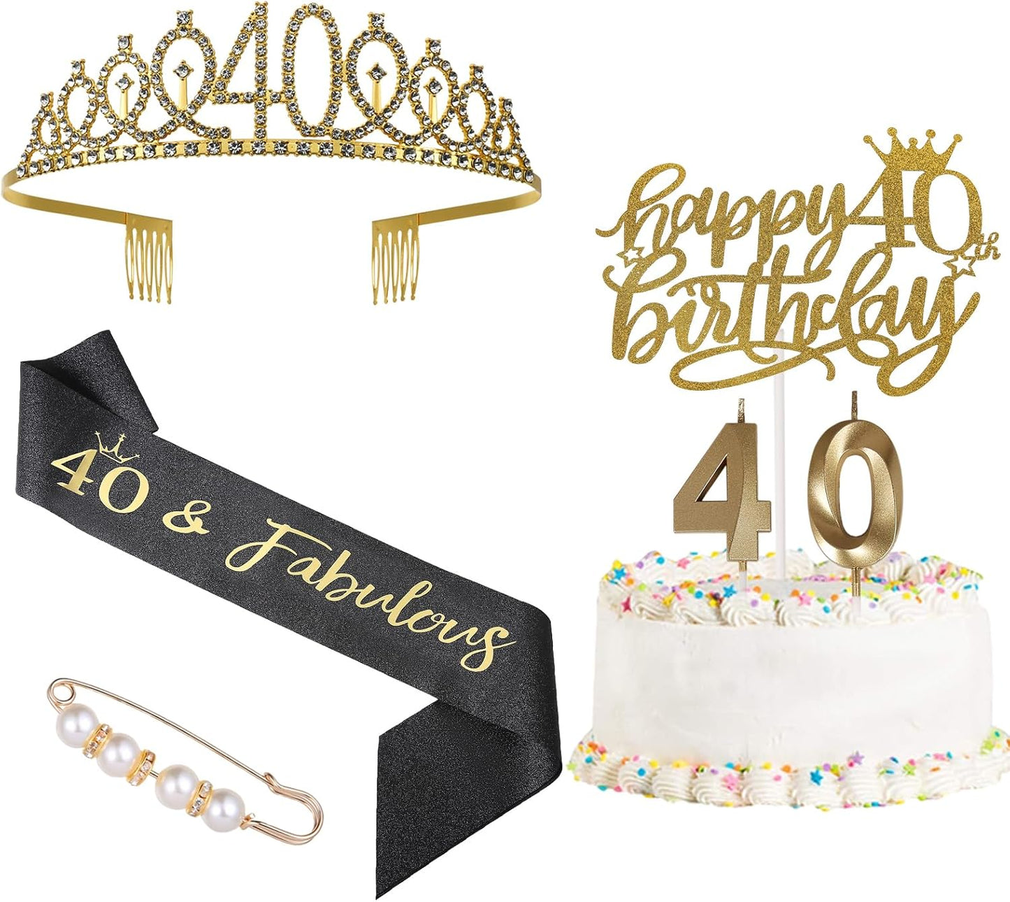 40th Birthday Decorations for Women，Gold 40 Birthday Crown Tiara ，Cake Topper, 40 & Fabulous Birthday Sash with Peal Pin and Birthday Candles Kit,40th Birthday Gifts for Women