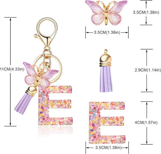 Fashion Alphabet Initial Letter Keychain Tassel Butterfly Pendant Key Ring for Purse Handbags Women Girl
