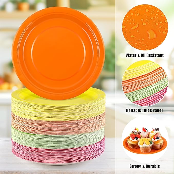Kochorie 150 Pieces Neon Disposable Paper Plates 9 Inch Heavy Duty Dinner Plates, Solid Color, Table Decorations Party Supplies for Birthdays, Weddings, Daily Use