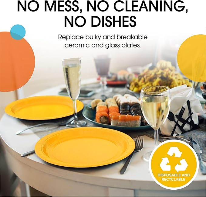 Exquisite Party Solids Yellow Paper Plates Disposable Heavy Duty 9 Inch Yellow Disposable Plates For Party 100 Pcs Heavy Duty 350 GSM, Birthday Supplies