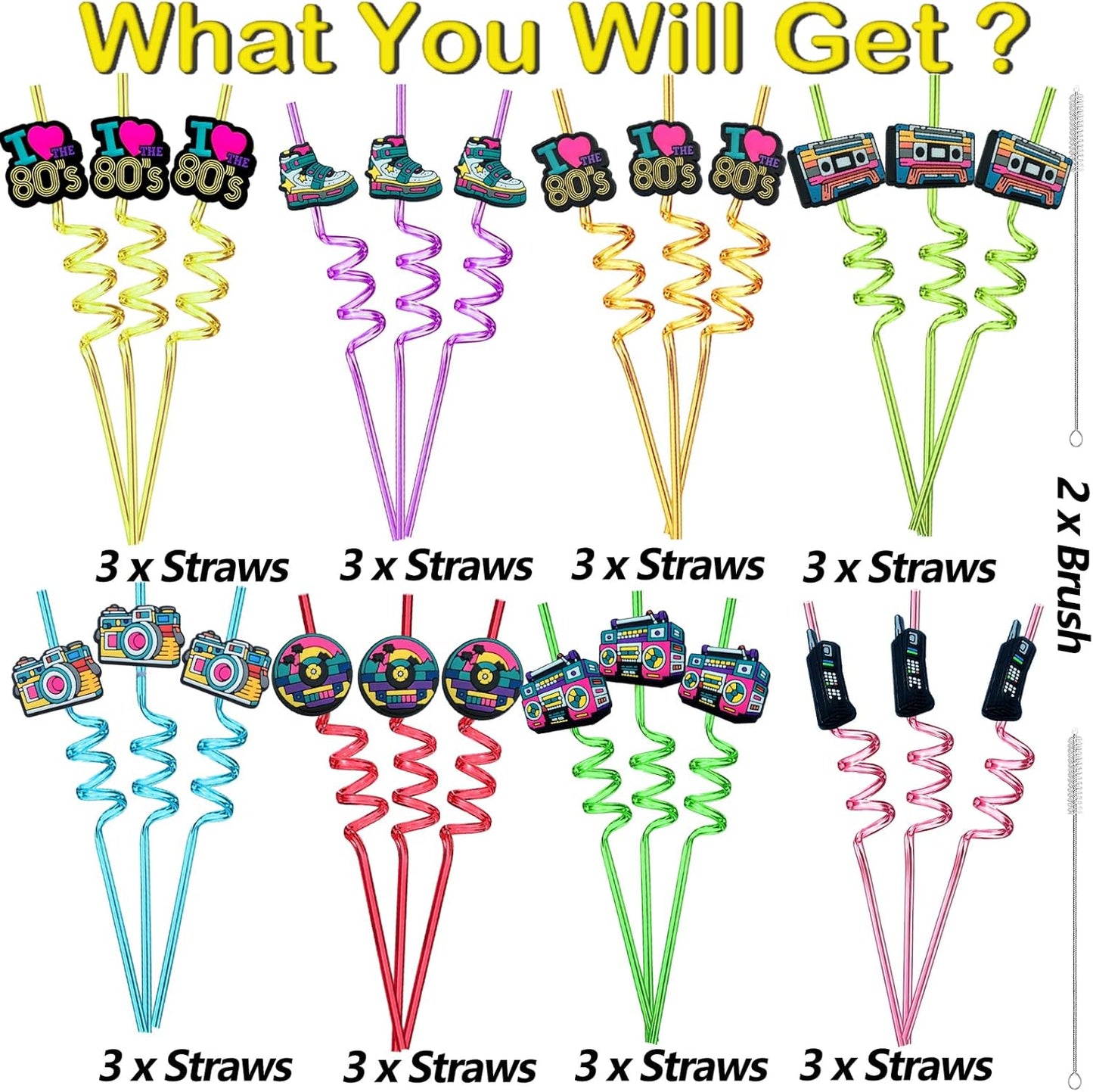 24pcs 80s Party Favors Retro Straws Hip Hop Themed Music Party Decorations Straws 80s Radio Speaker Phone Tape Supplies With 2 Brushes 8 Color