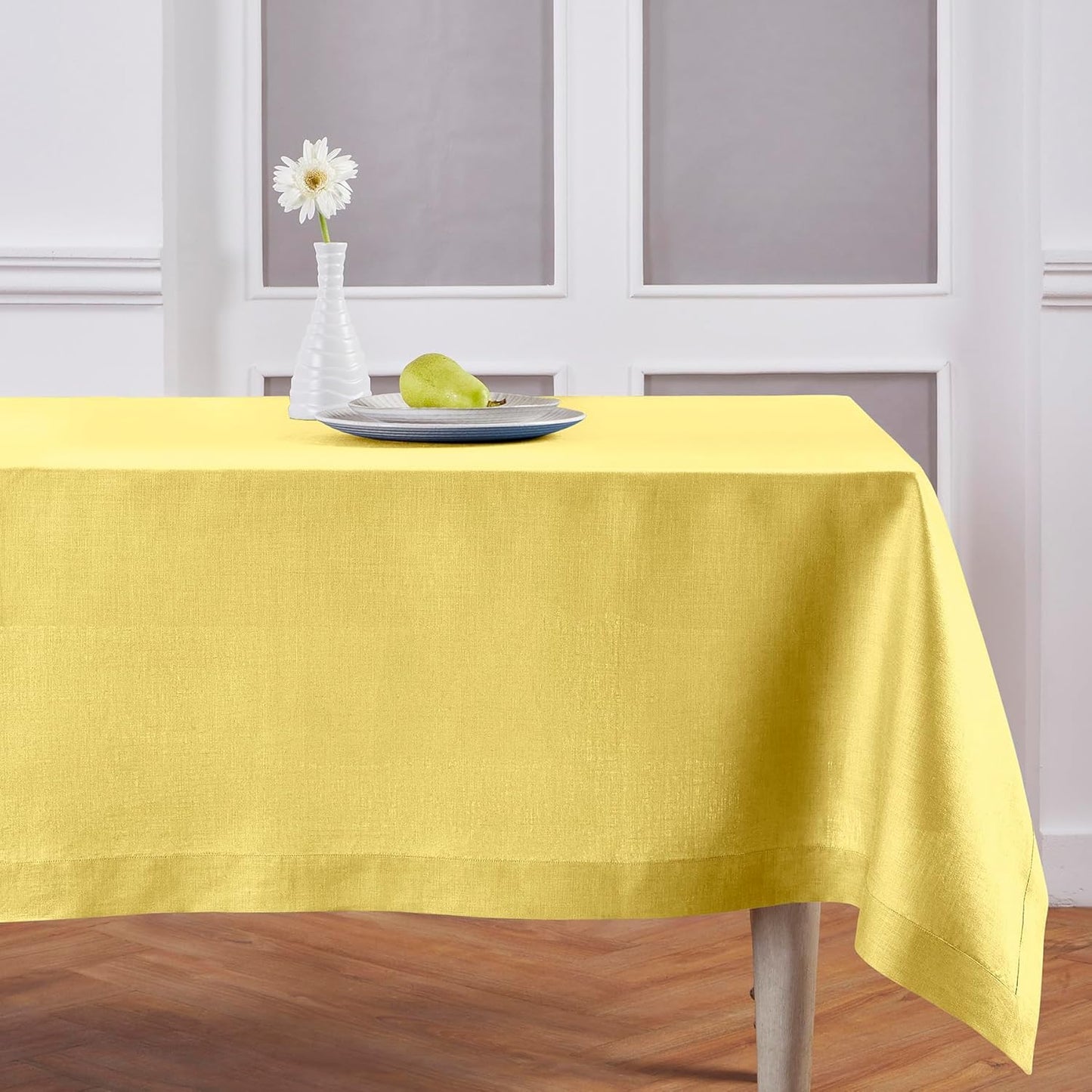 Solino Home Linen Tablecloth for Rectangle Tables 60 x 90 Inch - 100% Pure Linen Sunshine Yellow Table Cloth - Fete, Machine Washable Cloth Tablecloth