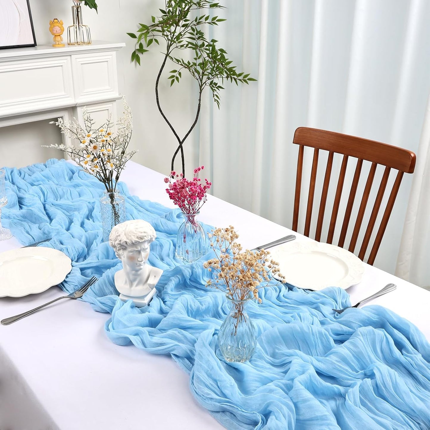 12 Pack 10FT Baby Blue Cheesecloth Table Runner 35x120 Inch Gauze Rustic Boho Fall Table Runner Cheese Cloth for Thanksgiving Wedding Decor Birthday Party Bridal Baby Shower Centerpiece Decoration
