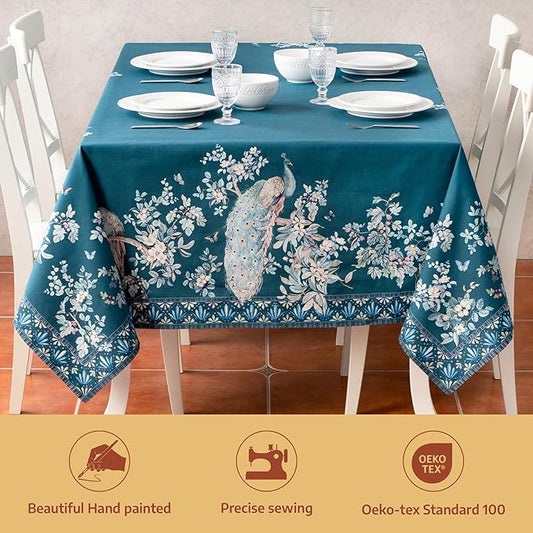 Maison d' Hermine Premium Table Cloth Rectangle Table 100% Combed Cotton 120 x 70 Inches Tablecloth Reusable Decorative for Dining Room, Farmhouse, Party, Festive & Wedding - Peacock Utopia - Deep Sea