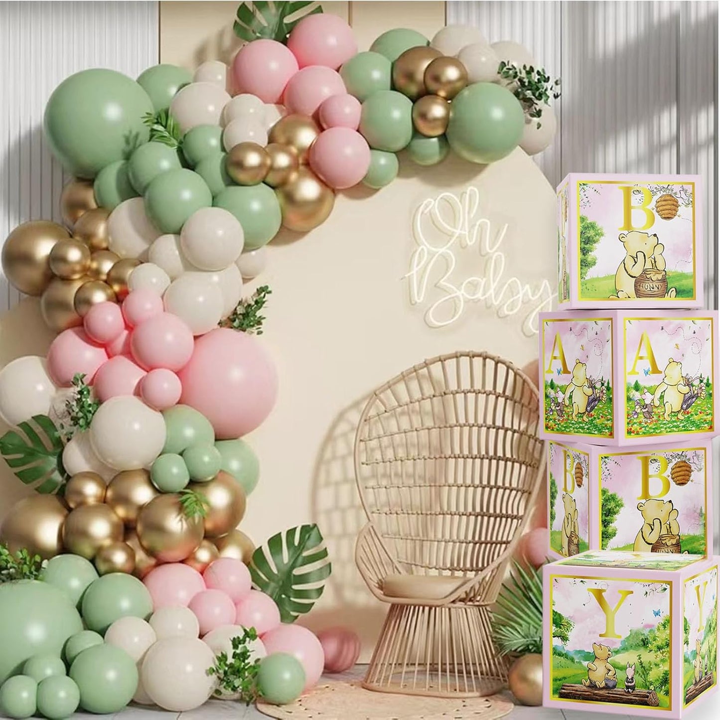 Classic Winnie Baby Shower Boxes Pink for Newborn Baby Girl Boy, Vintage Winnie Bear First 1st Birthday Party Decorations the Pooh Theme Box Block Supplies for Kids Cake Smash Photography Favor Props