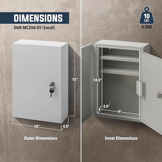 Durabox 2-Door Narcotics Cabinet - Double Door & Dual Key Lock Steel Cabinet for Safe Storage of Medicine, Prescription Drugs, Medical Supplies and More, 10" W x 15" H x 4-1/2"D (Grey, Small)