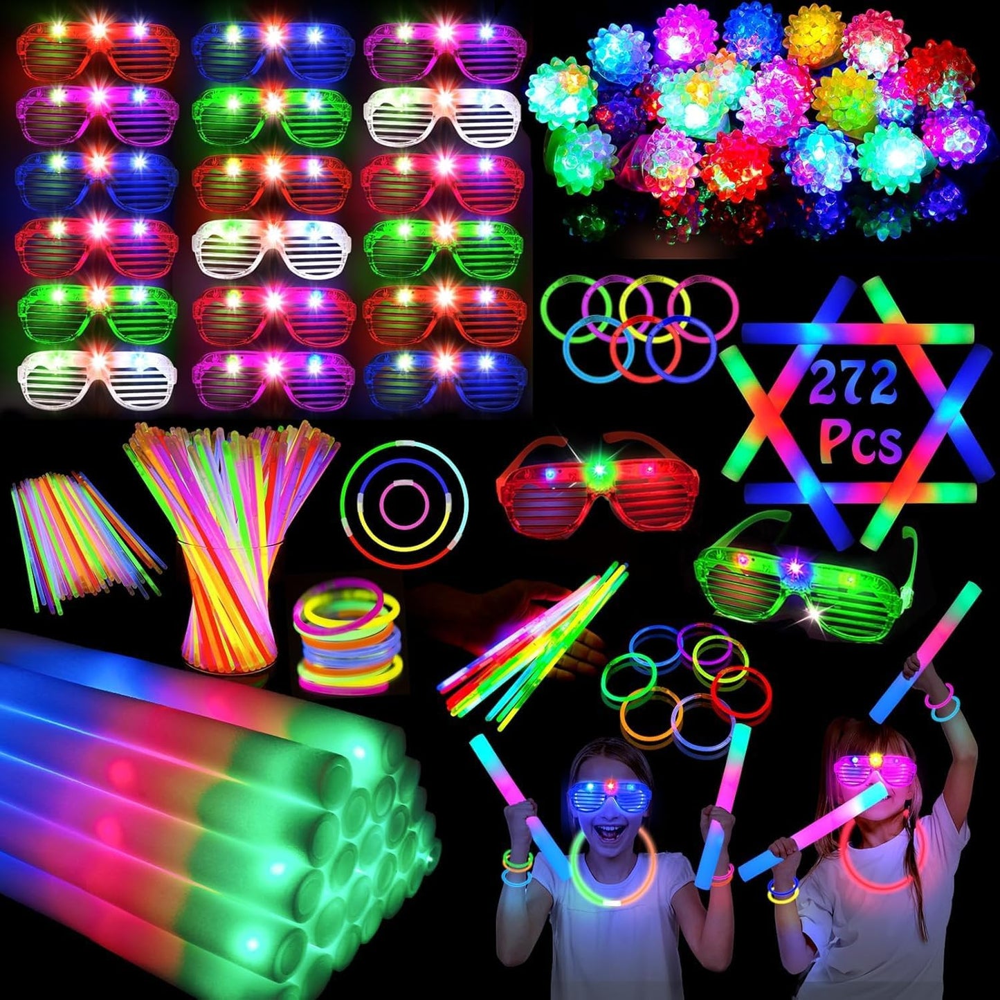 272PCS Glow in the Dark Party Supplies, Party Pack Bulk , 24PCS Foam Glow Sticks & LED Glasses, 24PCS LED Light Up Rings and 200PCS Glow Sticks for Neon Party Decorations, halloween party favors