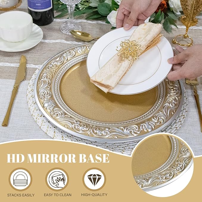 MAONAME 13" Round Charger for Dinner Plates, Gold Plate Chargers Set of 6, Charger Plates with Embossed Rim, Plastic Table Chargers for Wedding