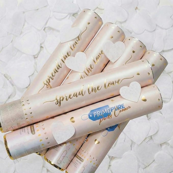 PrimePure Confetti Cannon Party Poppers - Biodegradable White Heart Confetti Poppers - 6 Pack - White Paper Hearts Pop Gun for Wedding Send Off, Bridal Shower, Birthday, Parties