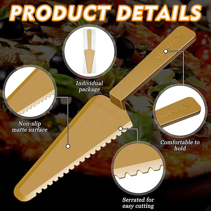 Suclain Disposable Cake Cutter 9.1 Inch Plastic Cake Server Cutting Plastic Spatula Knives Pie Pizza Pastry Slicer Serving Utensils for Kitchen Wedding (Gold,50 Pieces)