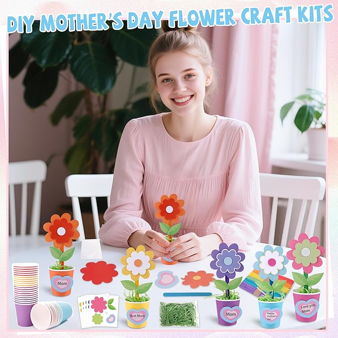 FULAIERGD 30 Packs Mother's Day Flower Paper Pot Craft Kits Make Your Standing Spring Flower Craft Kits Paper Cup Arts Crafts Decorations for Mom Fun DIY Decor Home Art Activities