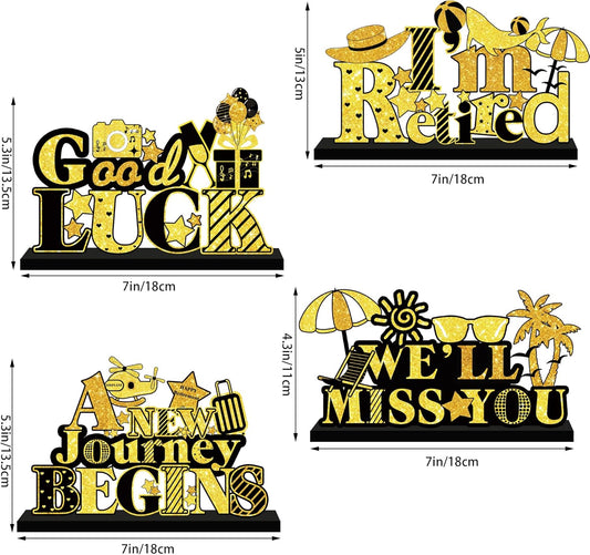 4Pcs Retirement Party Decorations Wooden Table Sign, Black Gold Retirement Wooden Table Centerpieces Party Supplies, Retired Theme Farewell Table Sign, Retirement Gift We'll Miss You Decor (black)