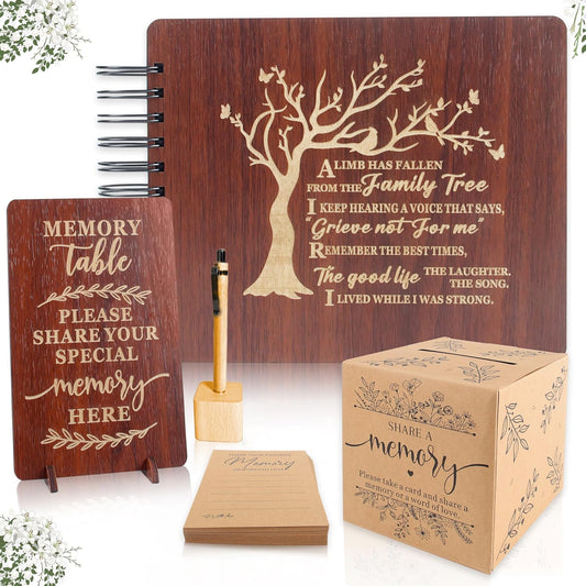 PREKIAR Funeral Guest Book Set Wooden Guest Books for Memorial Service Celebration of Life in Loving Memory with 50pcs Share a Memory Card Cards Box Table Sign and Pen (Brown- Guest Book Set #1)