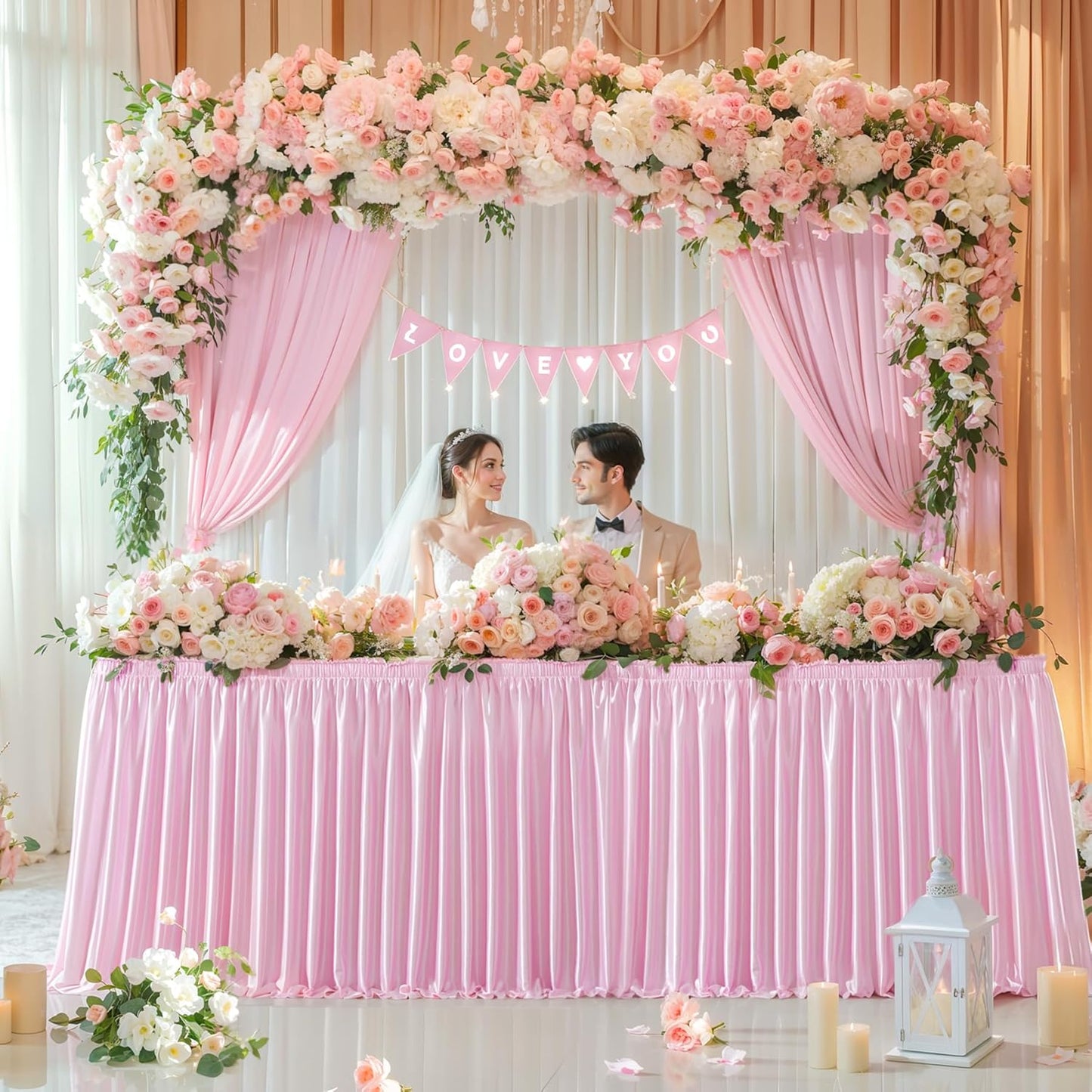 Wish Care 21ft Length Pink Satin Table Skirt for Rectangle Tables Wrinkle Free Glitter Desk Skirts Pleated Ruffle Table Cloth for Wedding Girls Birthday Baby Shower Party Buffet Cake Table Decorations