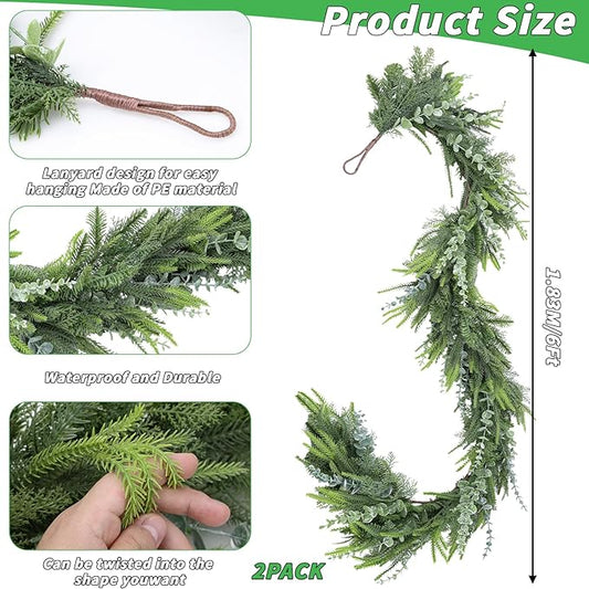 2 Pack 6FT Christmas Eucalyptus Cedar Faux Pine Cypress Garland for Mantle Stairs Wall Table Indoor Outdoor Xmas Decor